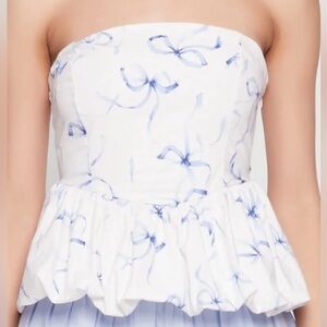 Blue Bow Print Bubble Hem Strapless Blouse